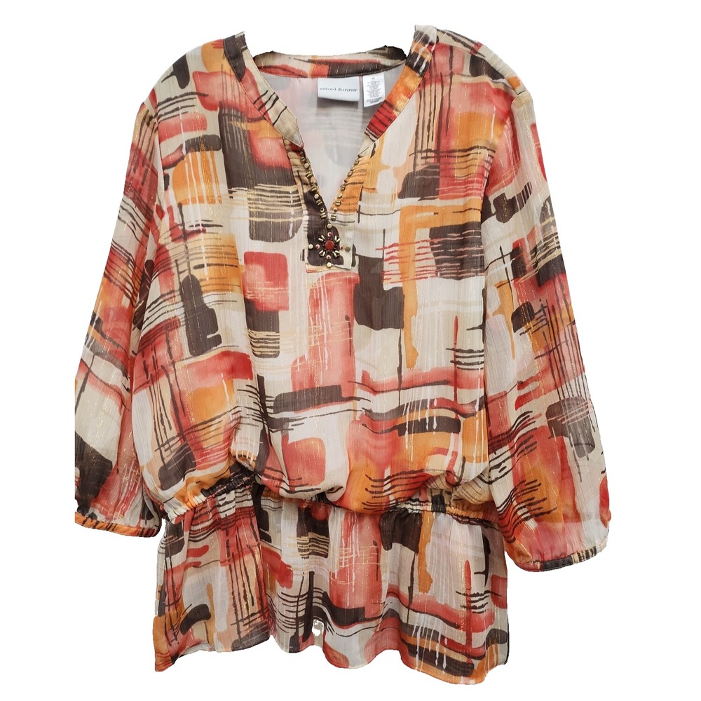 Alfred Dunner Womens BOHO Artsy Top Size 20 Orange Abstract Metallic Beaded